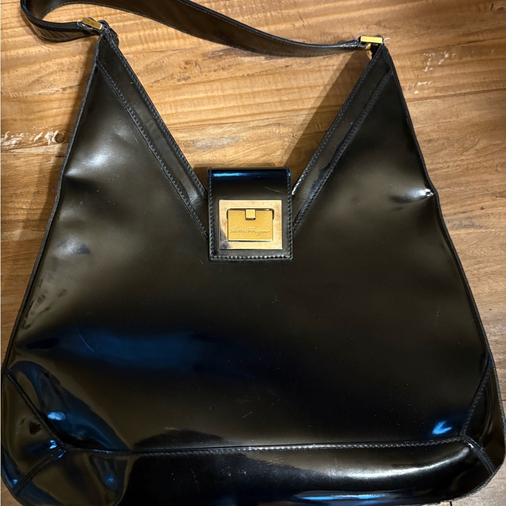 Salvatore Ferragamo Black Patent Leather Shoulder Bag